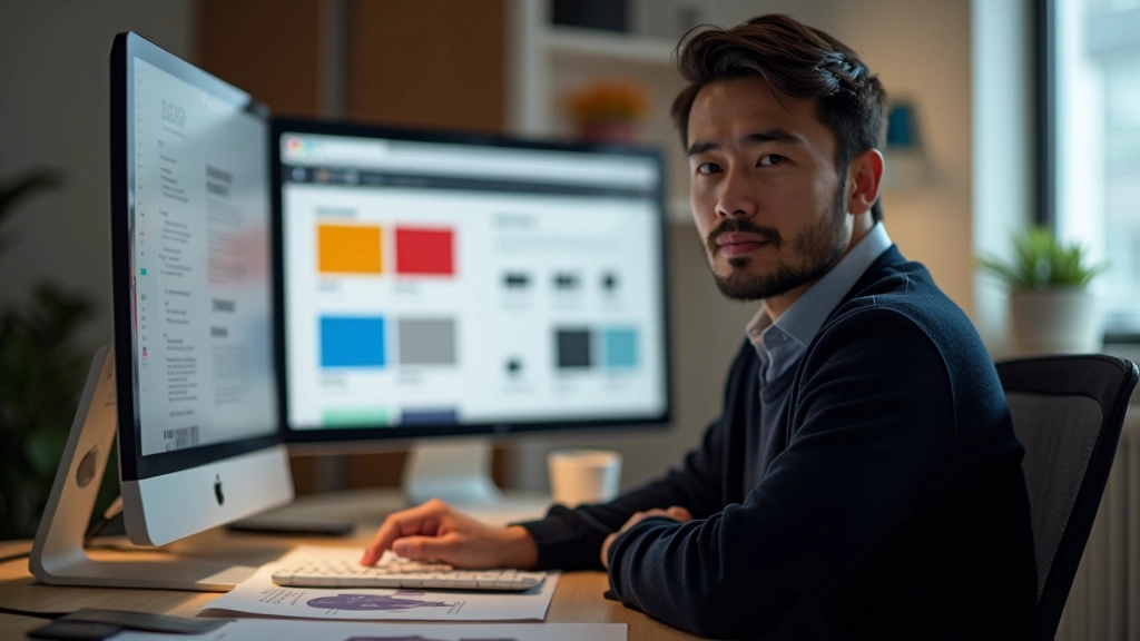 Designer working at computer with color swatches and typography samples visible on screen, studio lighting