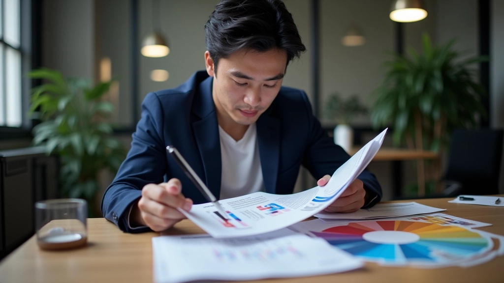 Designer reviewing brand guidelines document with color palette, typography examples, and component library visible