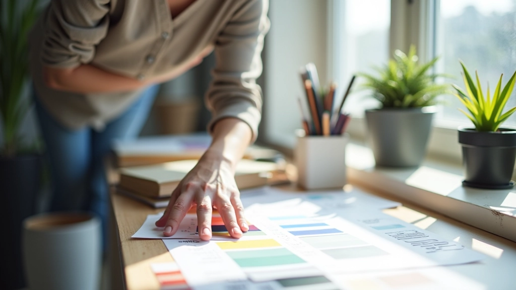Designer working with color swatches and typography samples on a bright workspace