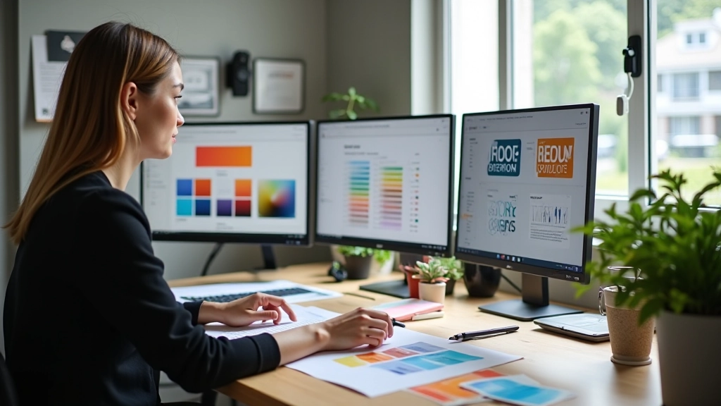 Professional design studio with color samples and typography references
