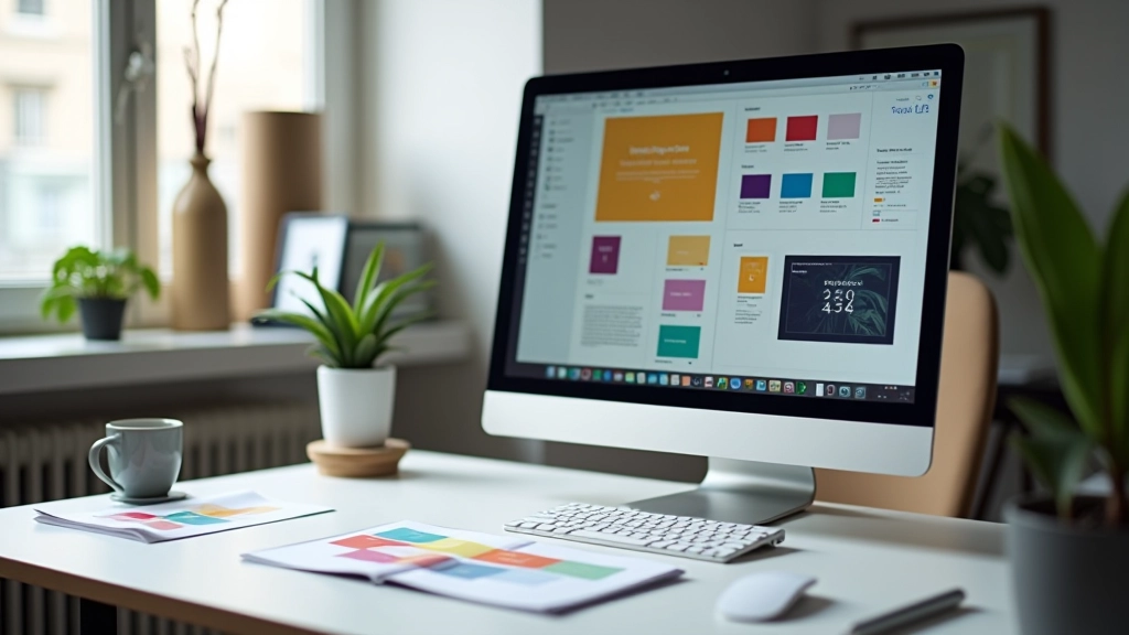 Modern design studio workspace with color theory materials and typography samples